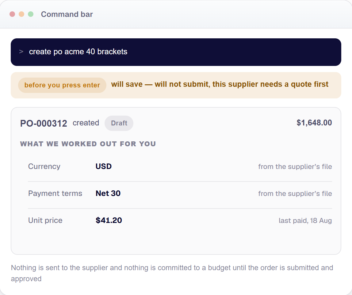 SM Space command bar creating a finished purchase order and listing what it worked out