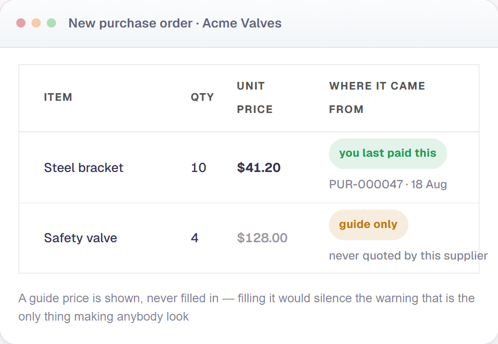 SM Space purchase order lines showing one agreed price and one flagged as a guide only