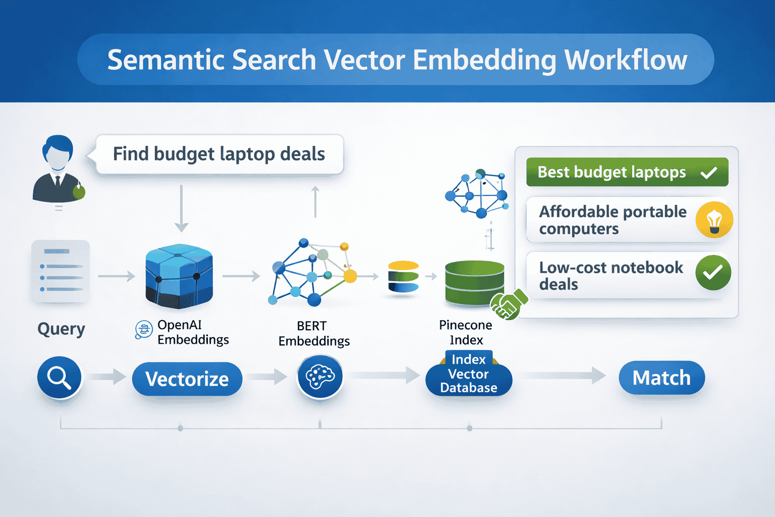 Semantic search vector embedding workflow showing query, vectorization, indexing, and matching
