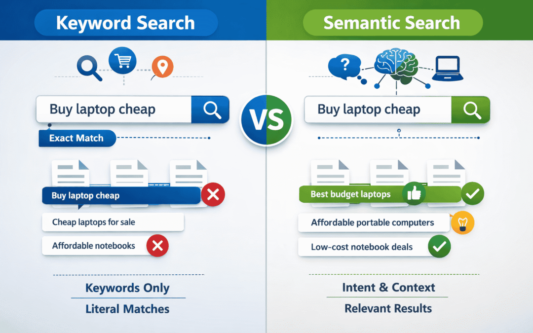 Semantic search vs keyword search showing intent-based results